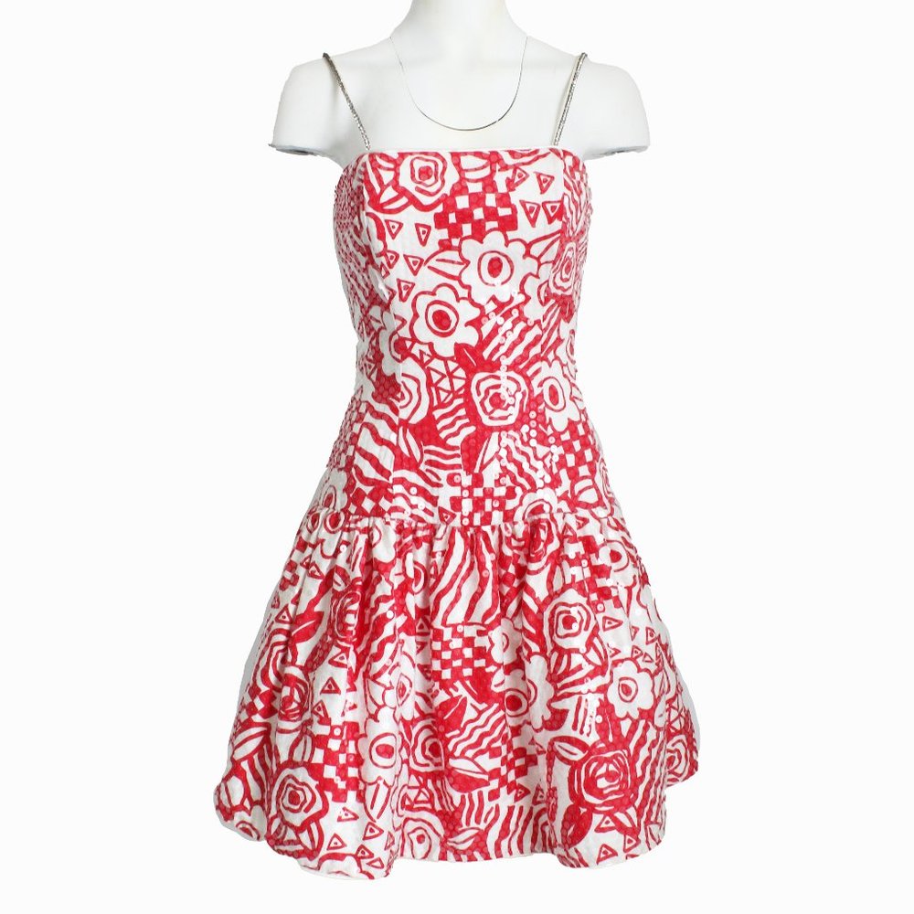 Lillie Rubin Dress Party Puff Skirt Abstract Print Embellished Vintage